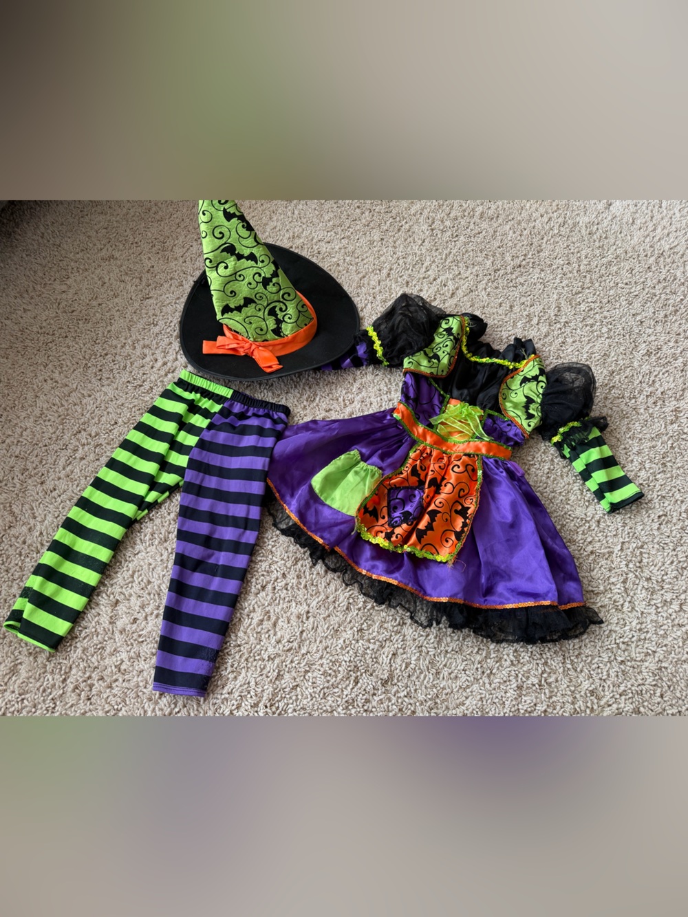 Girls Purple & Green Witch Halloween Costume with Hat and Leggings size 3/4